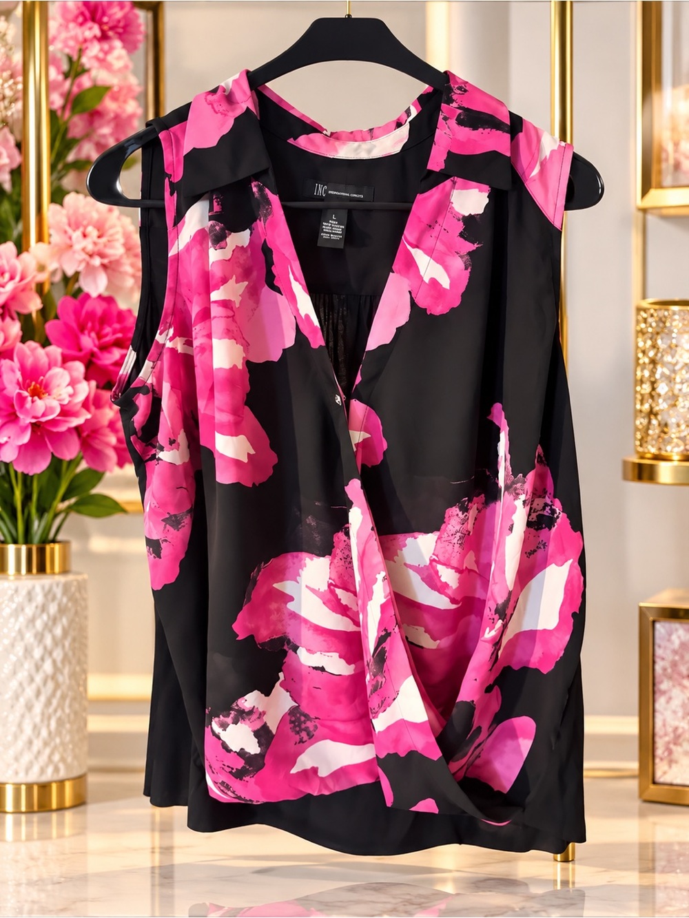 INC International Concepts Black and Pink Floral Draped V-Neck Sleeveless Top